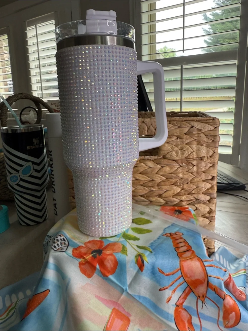 Iridescent Crystal Studded White Travel Tumbler with Handle